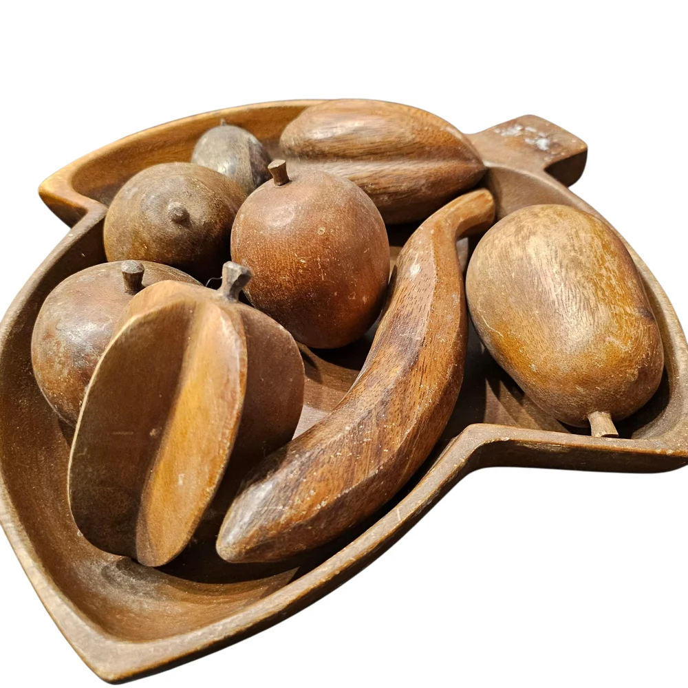 Wooden Leaf-Shaped Bowl with Decorative Fruits, Fruit Bowl